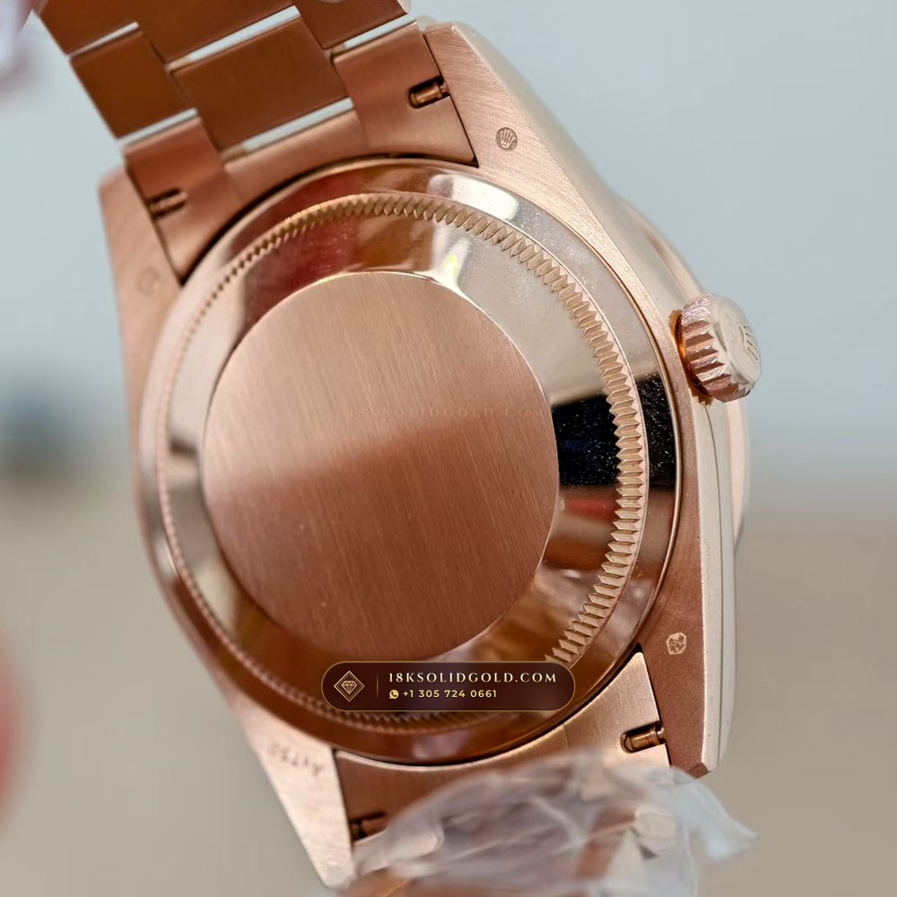Rolex Day-Date 36 Baguette Diamond Bezel 18K Everose Gold Reference 128345RBR — Hallmarked Edition — Studio Gallery Plate VIII in 18K Rose Gold Au750 (183.4g Verified Mass, Rolex Manufacture Cal. 3255 - 70h Power Reserve)