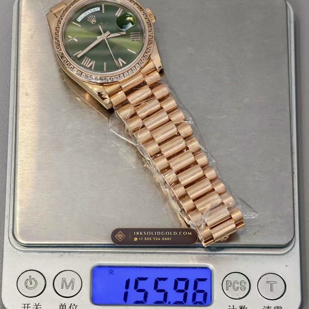 Rolex Day-Date 36 Baguette Diamond Bezel 18K Everose Gold Reference 128345RBR — Hallmarked Edition — Studio Gallery Plate IX in 18K Rose Gold Au750 (183.4g Verified Mass, Rolex Manufacture Cal. 3255 - 70h Power Reserve)