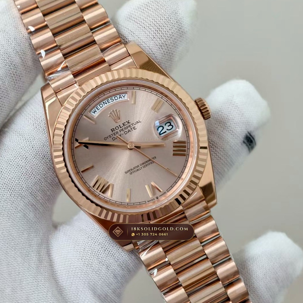 Rolex Day-Date 40 18K Everose Gold Sapphire Caseback Spec Reference 228235 — Hallmarked Edition angle 2