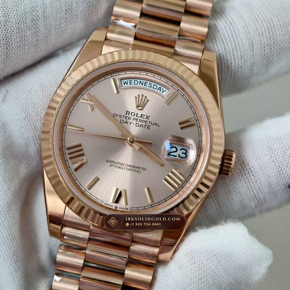 Rolex Day-Date 40 18K Everose Gold Sapphire Caseback Spec Reference 228235 — Hallmarked Edition angle 3