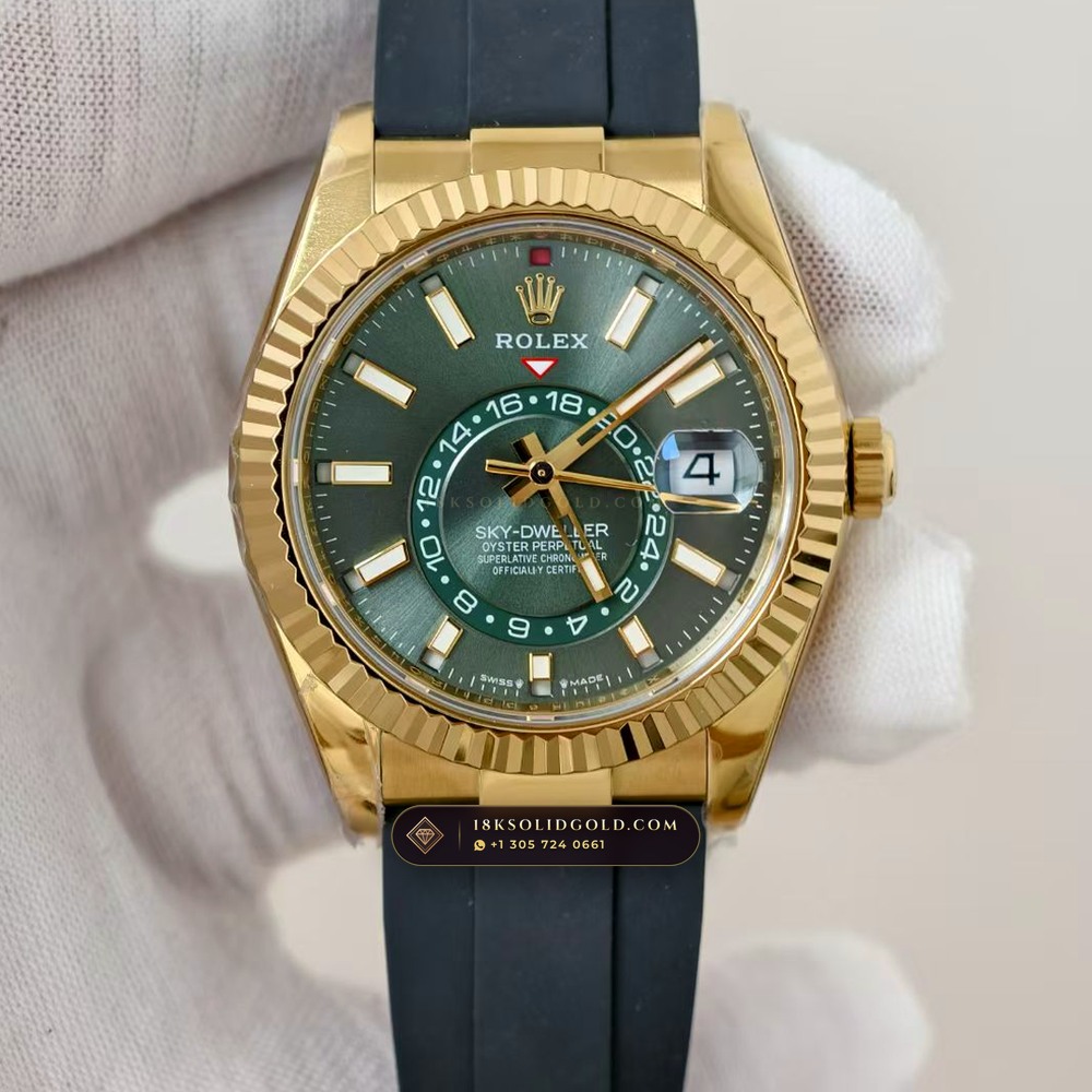 Rolex Sky-Dweller Sunray Green Dial 18K Yellow Gold Reference 336938 — Hallmarked Edition