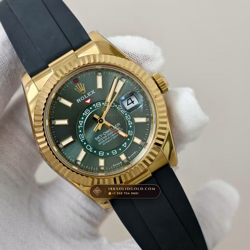 Rolex Sky-Dweller Sunray Green Dial 18K Yellow Gold Reference 336938 — Hallmarked Edition angle 2