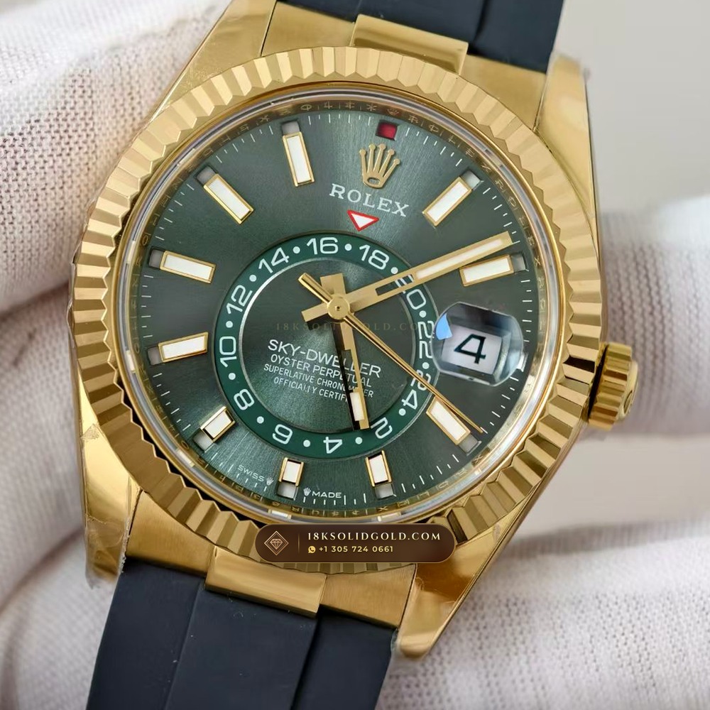 Rolex Sky-Dweller Sunray Green Dial 18K Yellow Gold Reference 336938 — Hallmarked Edition angle 3