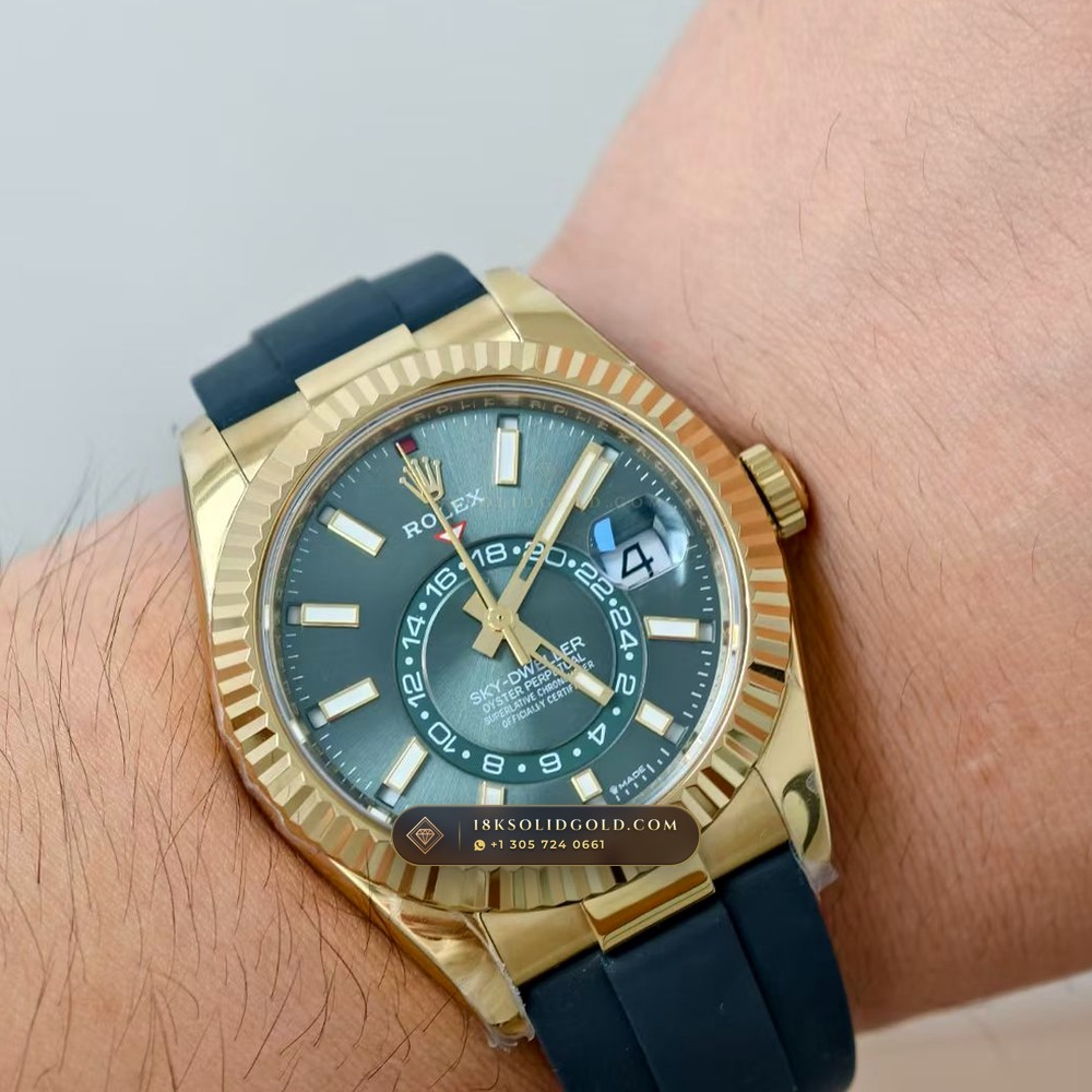 Rolex Sky-Dweller Sunray Green Dial 18K Yellow Gold Reference 336938 — Hallmarked Edition — Studio Gallery Plate VIII in 18K Yellow Gold Au750 (252.0g Verified Mass, Rolex Manufacture Cal. 9002 Annual Calendar)