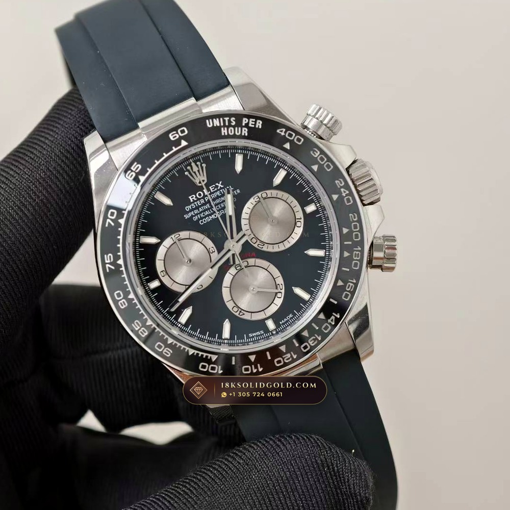 Rolex Cosmograph Daytona Ghost Sunray Grey & Black Subdials on Oysterflex 18K White Gold Reference 126519LN — Hallmarked Edition angle 2