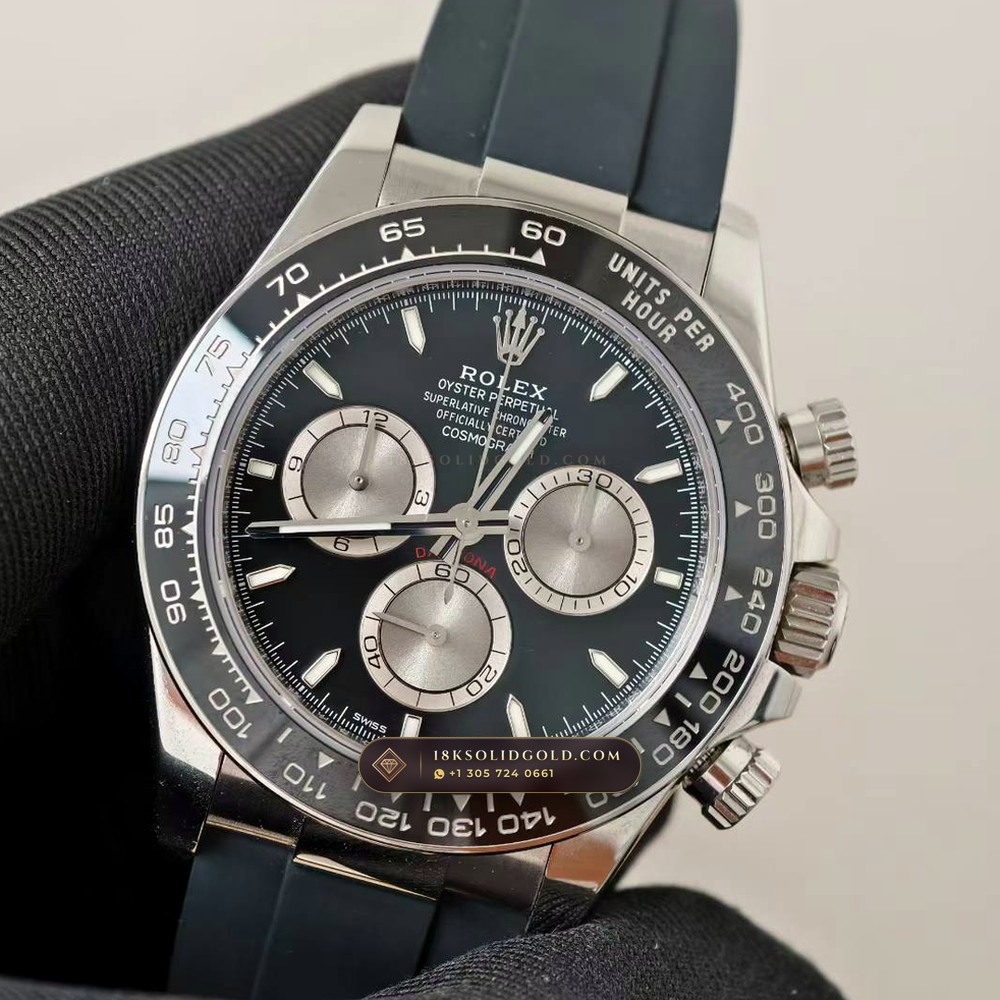 Rolex Cosmograph Daytona Ghost Sunray Grey & Black Subdials on Oysterflex 18K White Gold Reference 126519LN — Hallmarked Edition angle 3