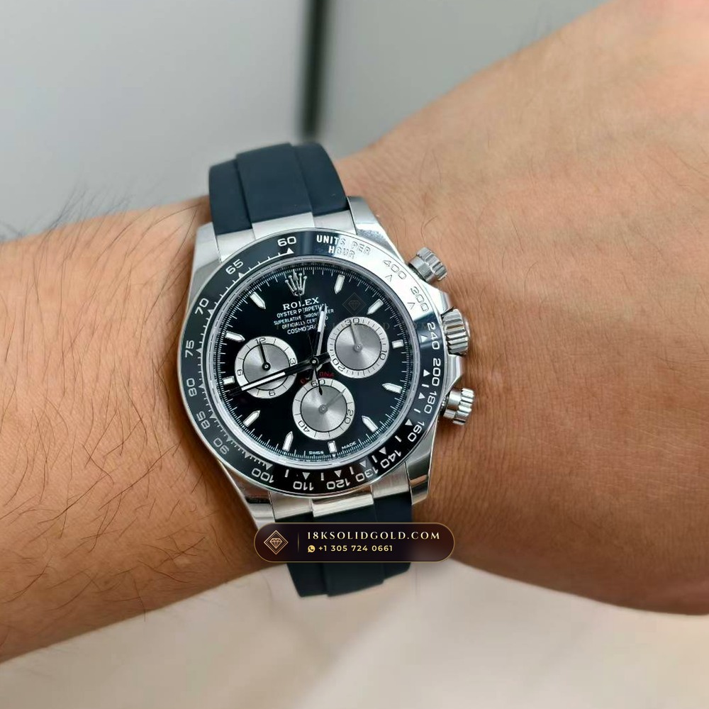 Rolex Cosmograph Daytona Ghost Sunray Grey & Black Subdials on Oysterflex 18K White Gold Reference 126519LN — Hallmarked Edition — Studio Gallery Plate VIII in 18K White Gold Au750 (160.5g Verified Mass, Rolex Manufacture Cal. 4131 - 72h Power Reserve)