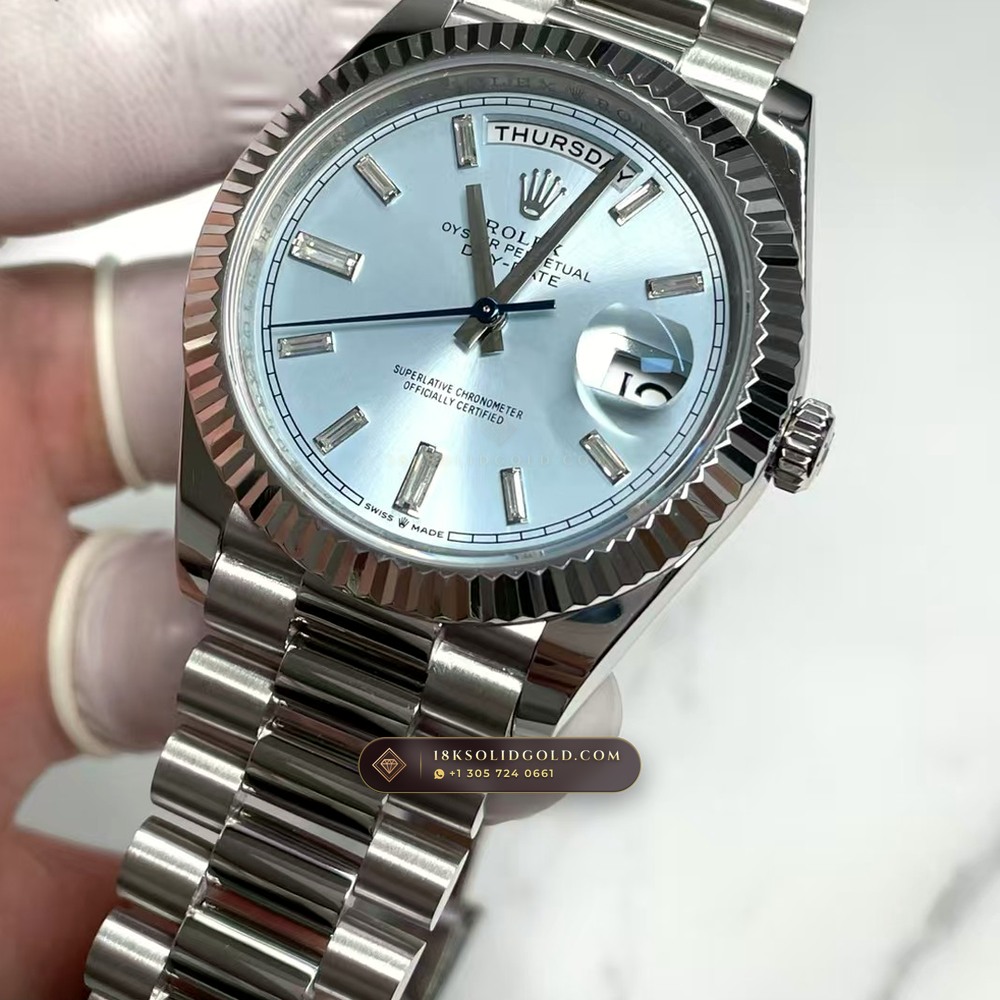 Rolex Day-Date 40 Ice-Blue Sunray Dial 950 Platinum Reference 228206 — Hallmarked Edition angle 2