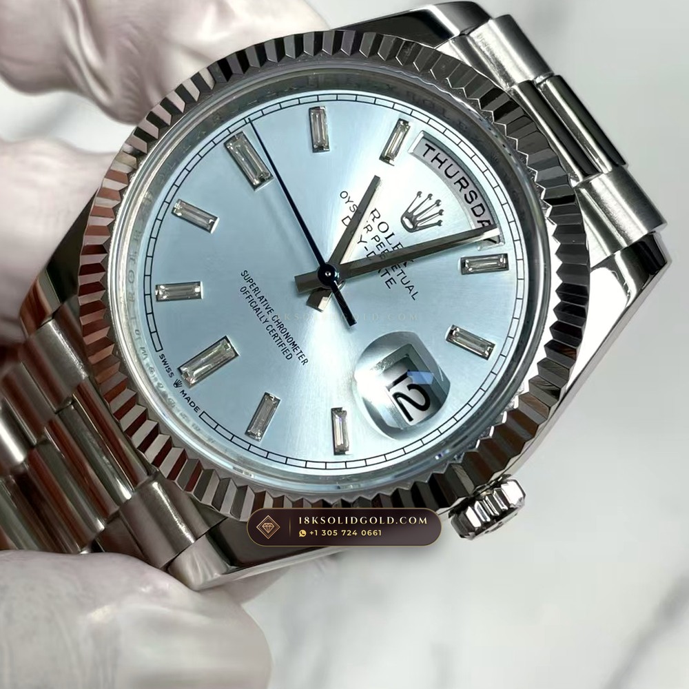 Rolex Day-Date 40 Ice-Blue Sunray Dial 950 Platinum Reference 228206 — Hallmarked Edition angle 3