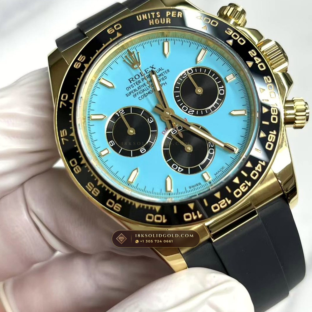 Rolex Cosmograph Daytona Tiffany Blue Dial 18K Yellow Gold Reference 126518 — Hallmarked Edition angle 2