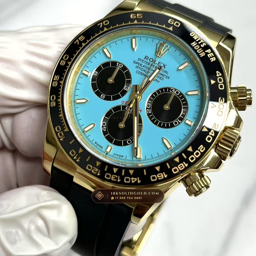 Rolex Cosmograph Daytona Tiffany Blue Dial 18K Yellow Gold Reference 126518 — Hallmarked Edition angle 3