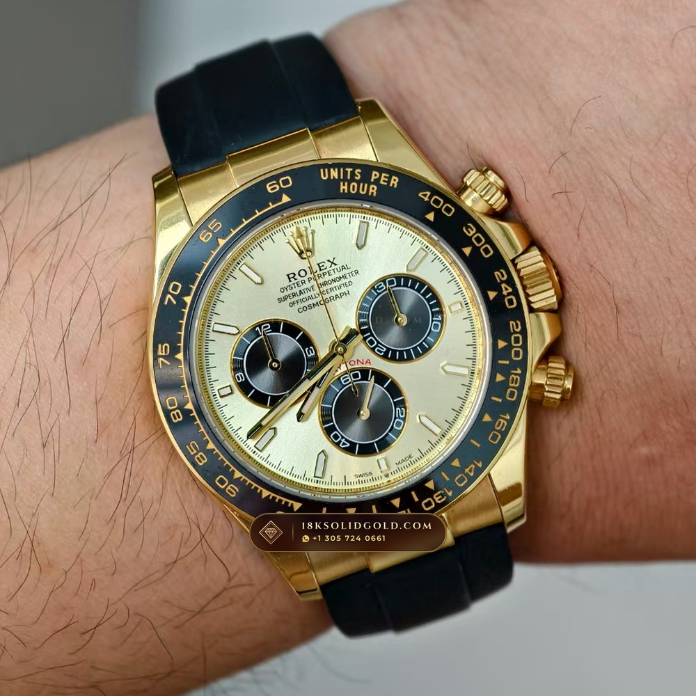Rolex Cosmograph Daytona 18K Yellow Gold Deep Crystal Optics Reference 126518 — Hallmarked Edition — Studio Gallery Plate VII in 18K Yellow Gold Au750 (160.8g Verified Mass, Rolex Manufacture Cal. 4131 - 72h Power Reserve)