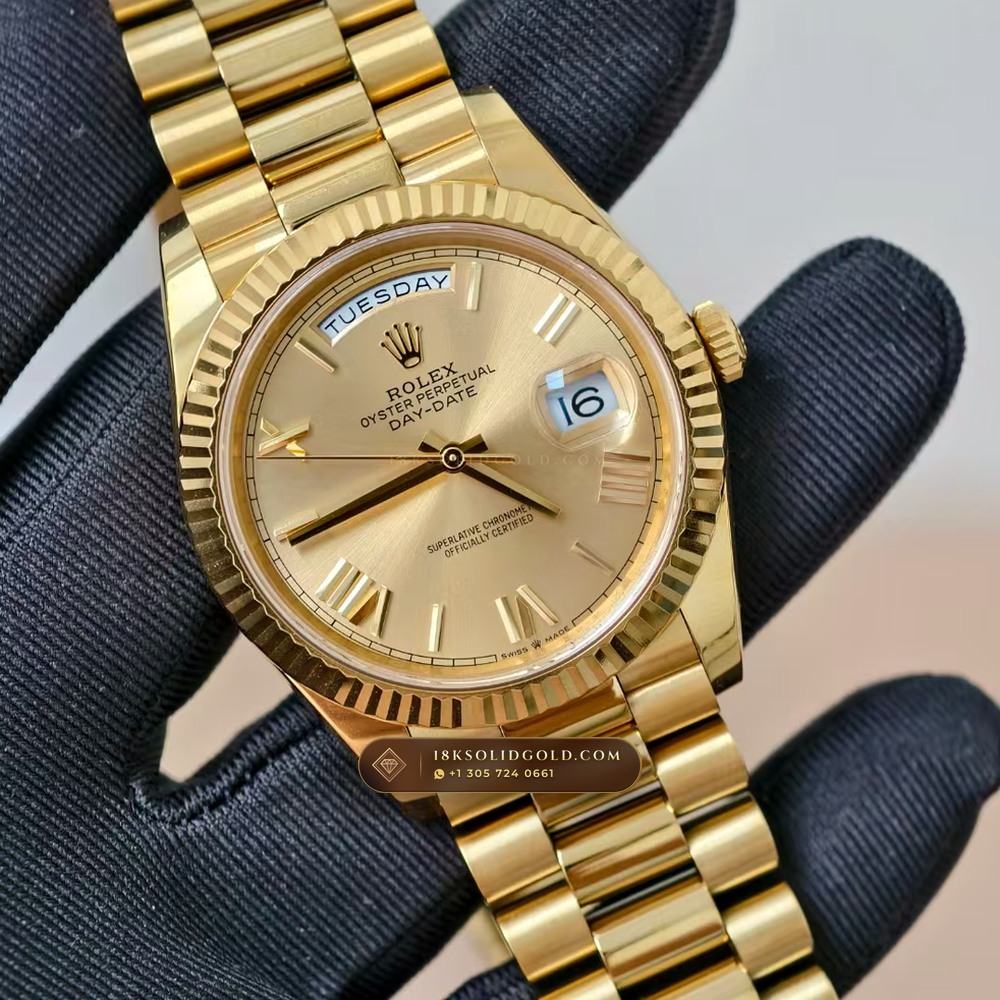 Rolex Day-Date 40 Champagne Sunray Dial 18K Yellow Gold Reference 228238 — Hallmarked Edition angle 2