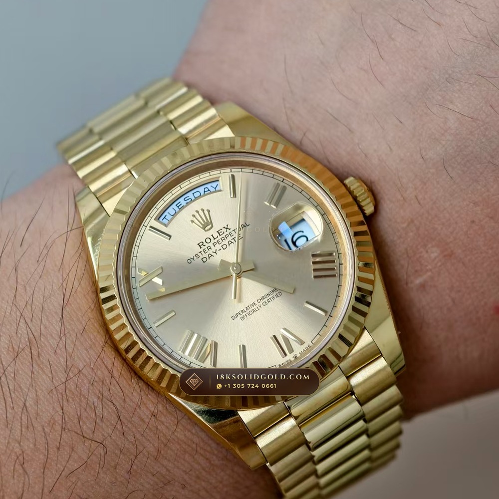 Rolex Day-Date 40 Champagne Sunray Dial 18K Yellow Gold Reference 228238 — Hallmarked Edition — Studio Gallery Plate VIII in 18K Yellow Gold Au750 (210.8g Verified Mass, Rolex Manufacture Cal. 3255 - 70h Power Reserve)