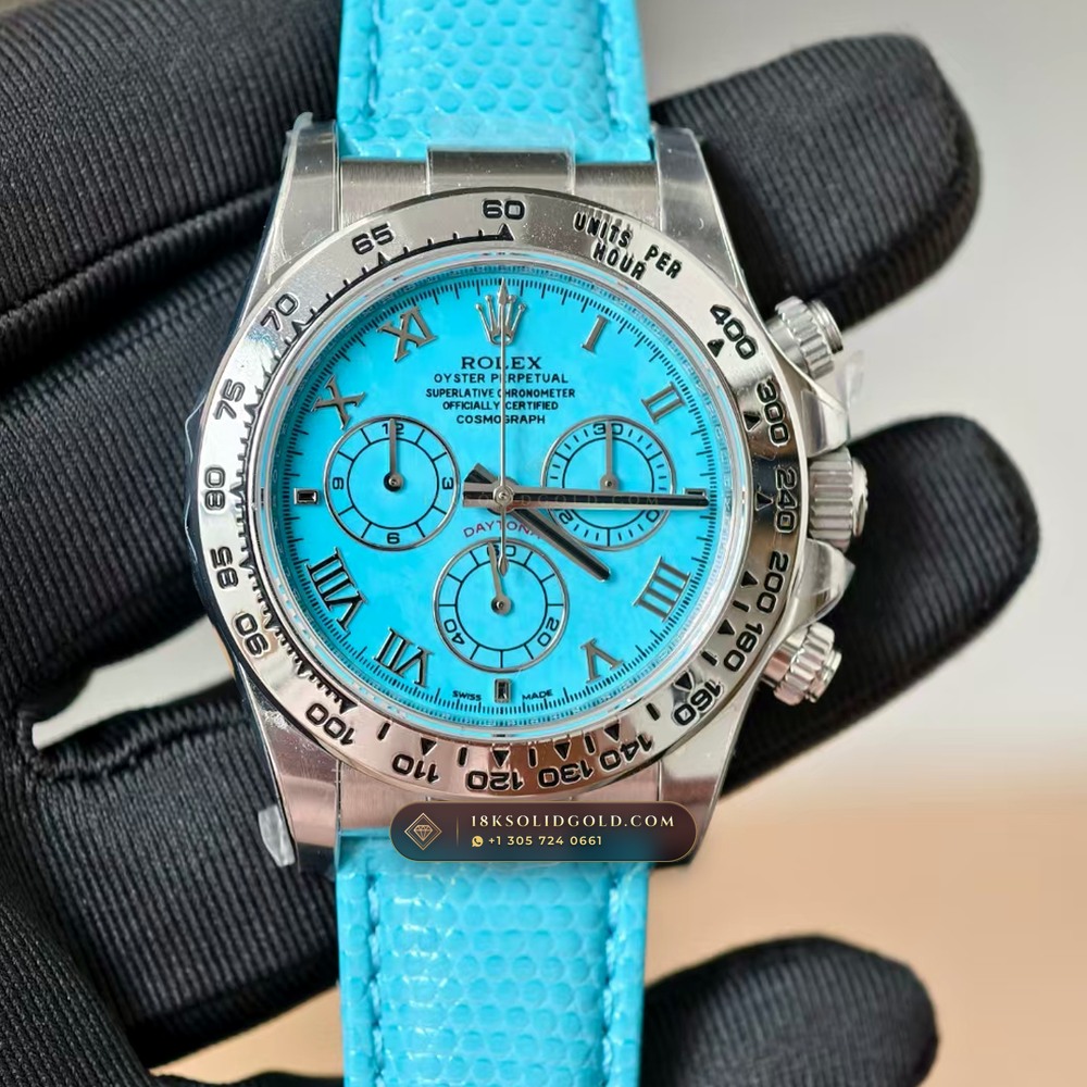 Rolex Cosmograph Daytona Beach Tiffany Turquoise Leather Strap 18K White Gold Reference 116519 — Hallmarked Edition