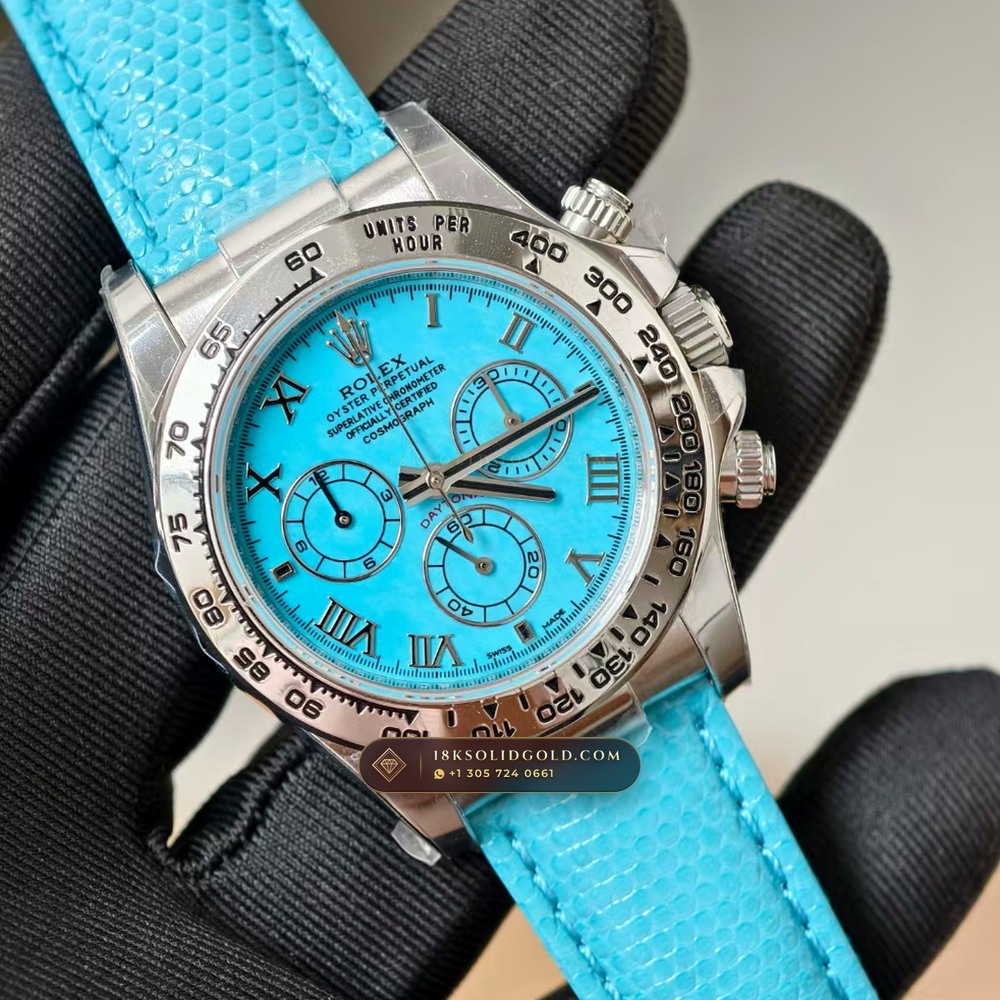 Rolex Cosmograph Daytona Beach Tiffany Turquoise Leather Strap 18K White Gold Reference 116519 — Hallmarked Edition angle 2