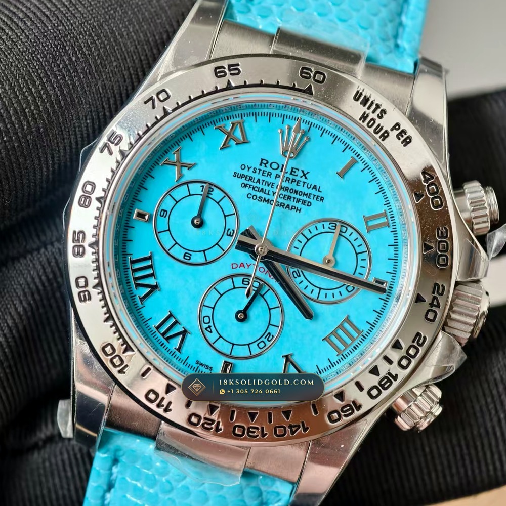 Rolex Cosmograph Daytona Beach Tiffany Turquoise Leather Strap 18K White Gold Reference 116519 — Hallmarked Edition angle 3