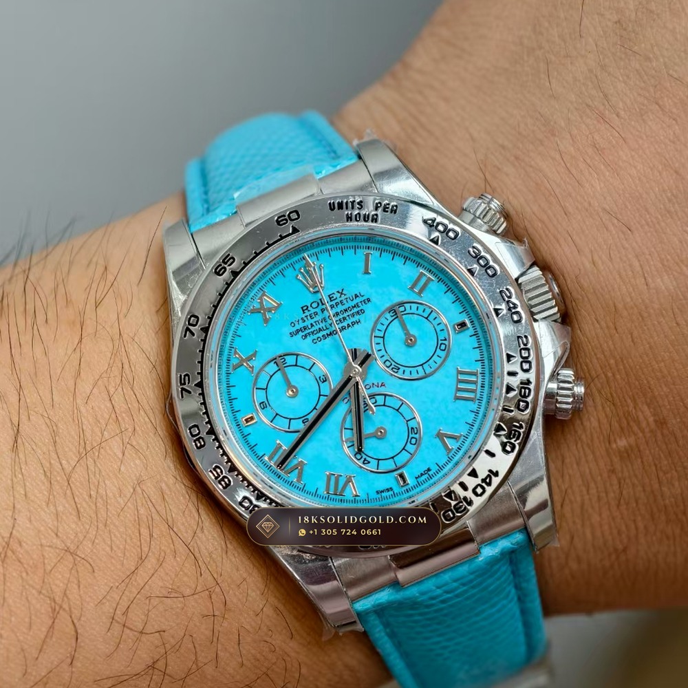 Rolex Cosmograph Daytona Beach Tiffany Turquoise Leather Strap 18K White Gold Reference 116519 — Hallmarked Edition — Studio Gallery Plate VIII in 18K White Gold Au750 (138.8g Verified Mass, Rolex Manufacture Cal. 4130 - 72h Power Reserve)