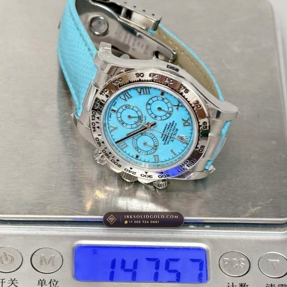 Rolex Cosmograph Daytona Beach Tiffany Turquoise Leather Strap 18K White Gold Reference 116519 — Hallmarked Edition — Studio Gallery Plate IX in 18K White Gold Au750 (138.8g Verified Mass, Rolex Manufacture Cal. 4130 - 72h Power Reserve)