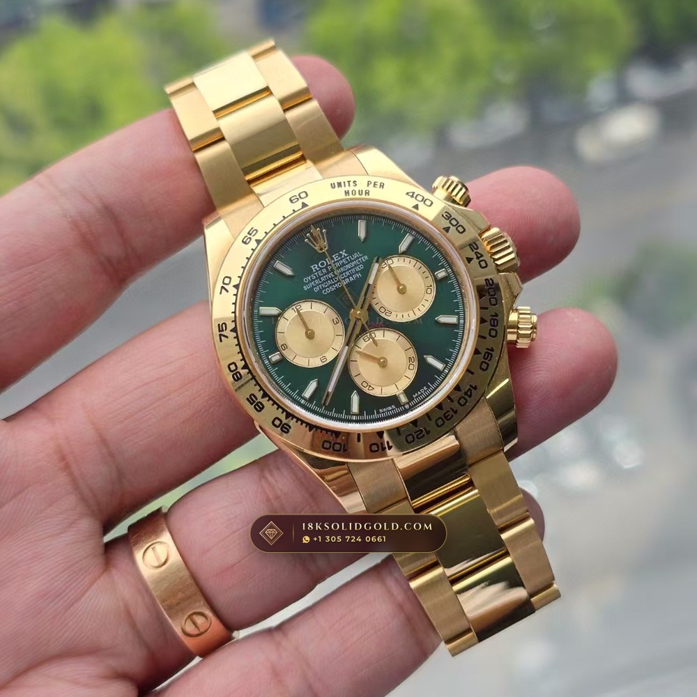 Rolex Cosmograph Daytona John Mayer Emerald Dial 18K Yellow Gold 5-Axis CNC Case Reference 126508 — Hallmarked Edition angle 2