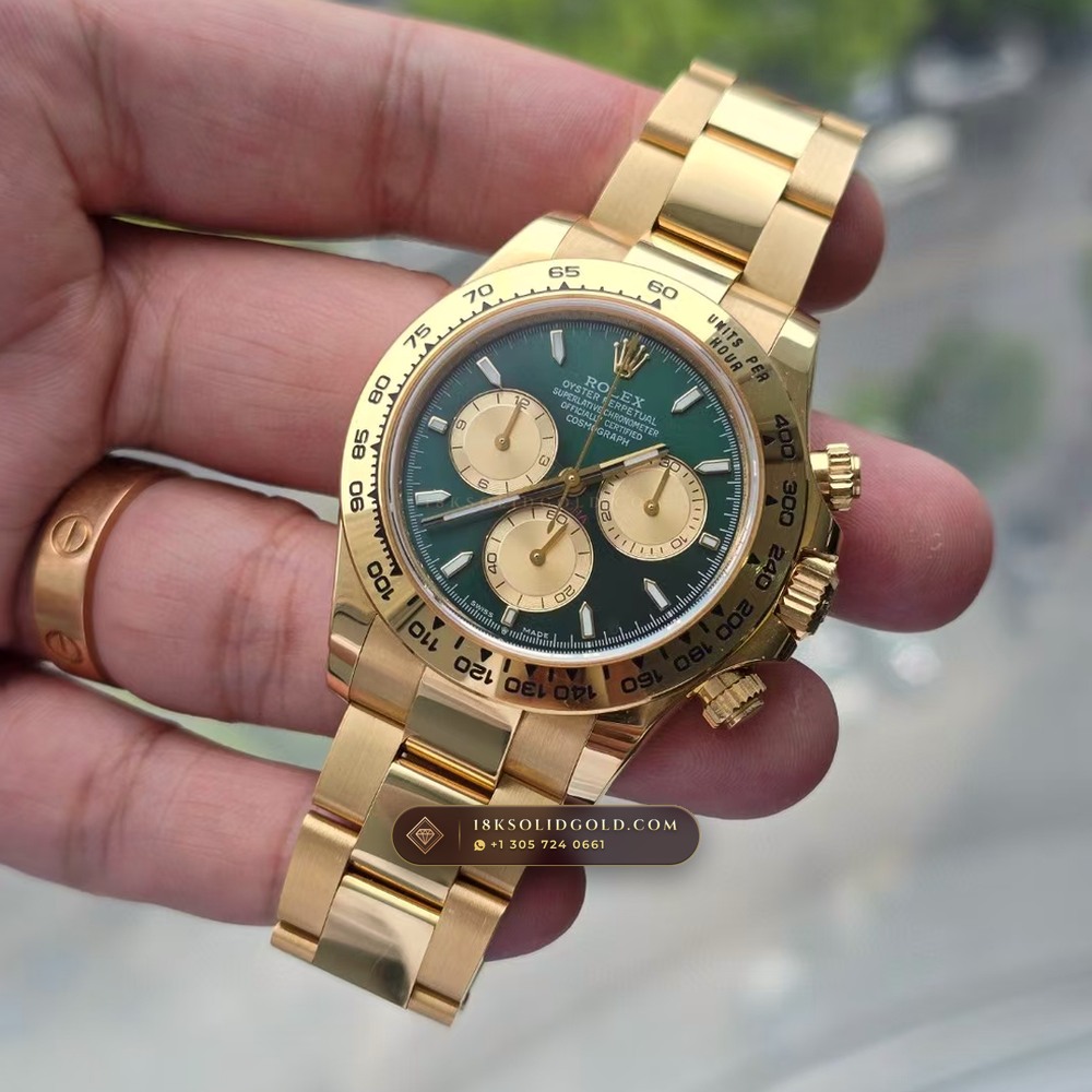 Rolex Cosmograph Daytona John Mayer Emerald Dial 18K Yellow Gold 5-Axis CNC Case Reference 126508 — Hallmarked Edition angle 3