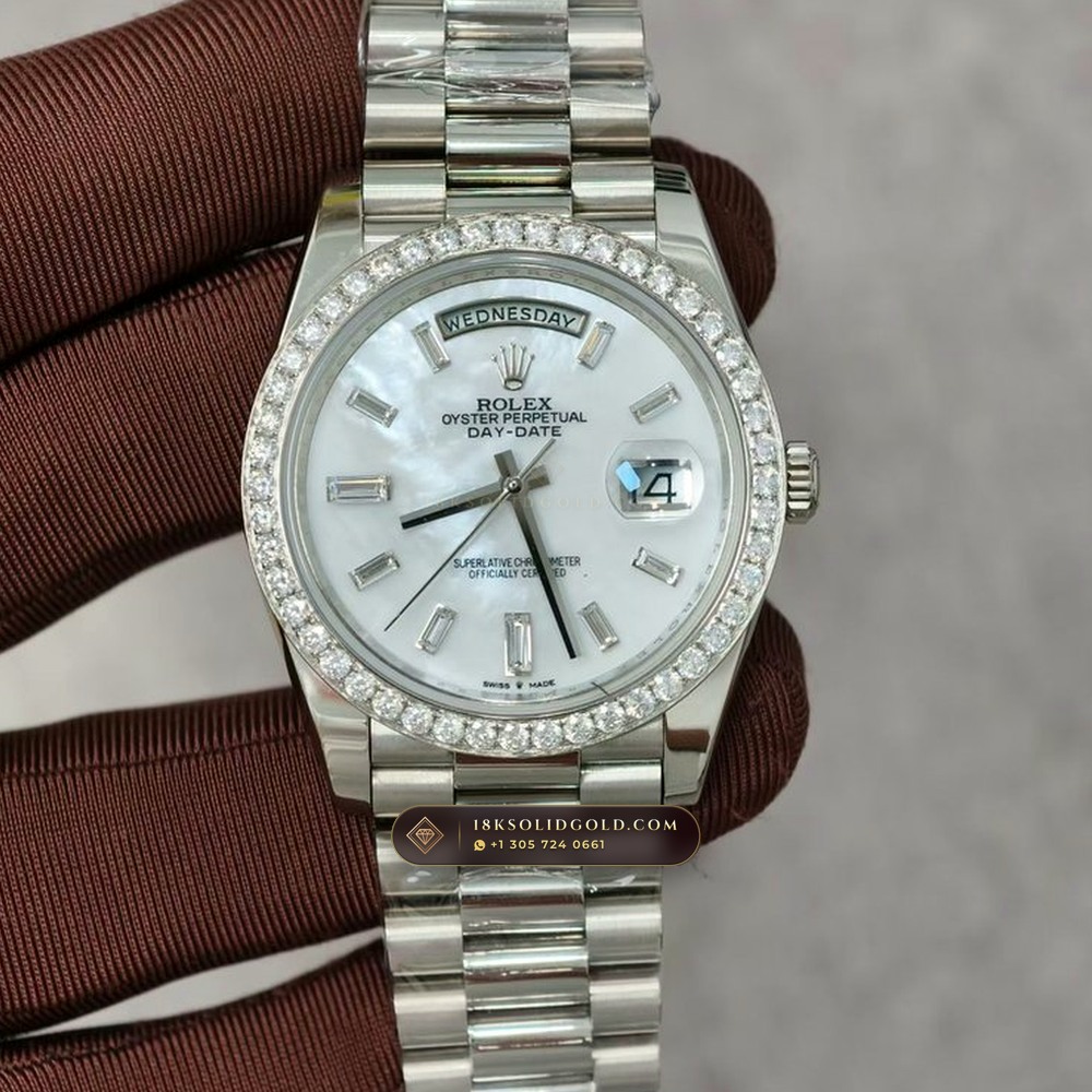 Rolex Day-Date 40 Mother-of-Pearl Dial & Diamond Bezel 18K White Gold Reference 228349RBR — Hallmarked Edition
