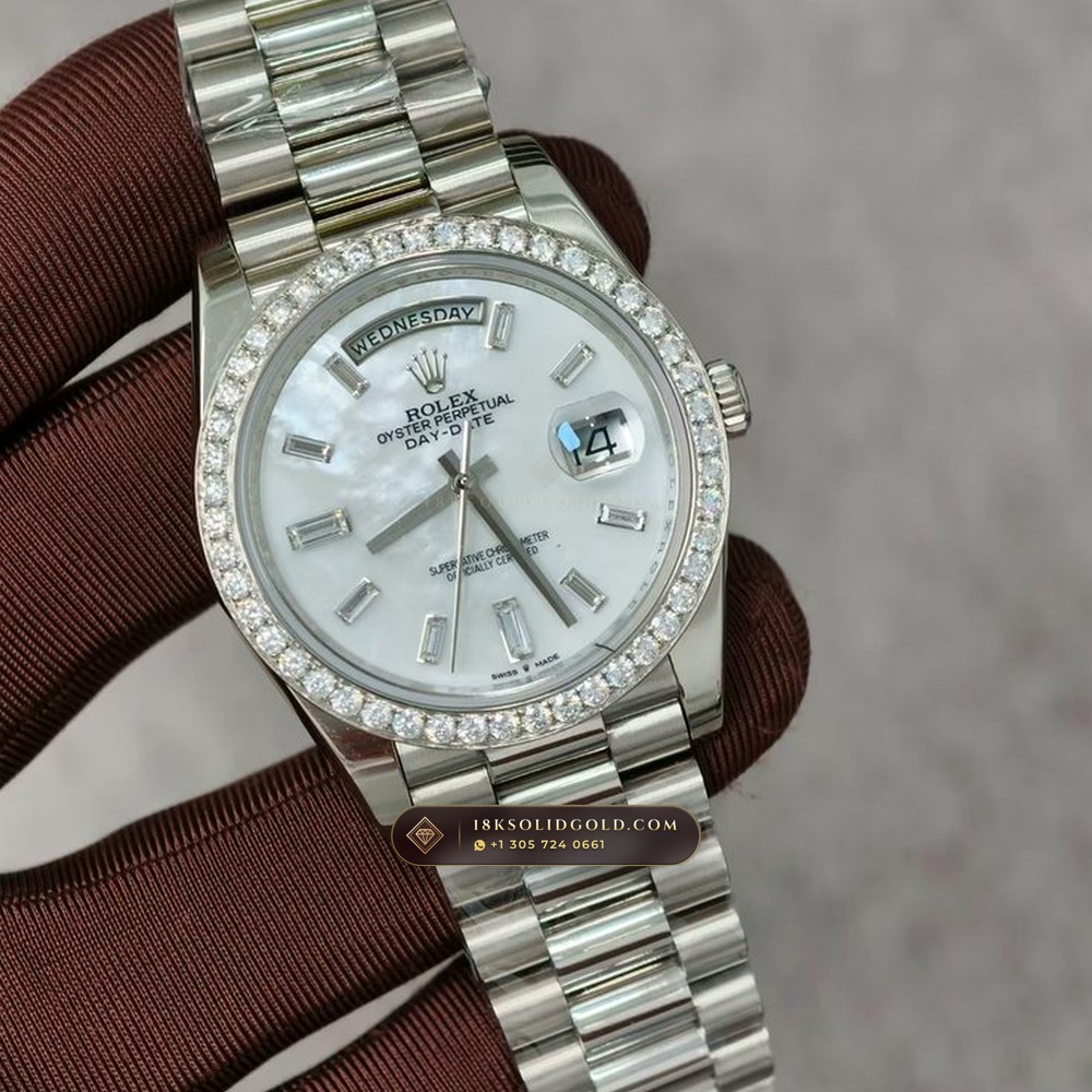 Rolex Day-Date 40 Mother-of-Pearl Dial & Diamond Bezel 18K White Gold Reference 228349RBR — Hallmarked Edition angle 2