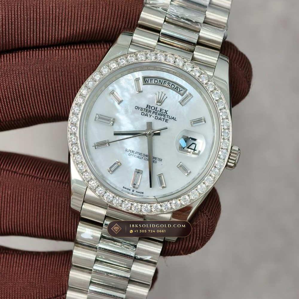 Rolex Day-Date 40 Mother-of-Pearl Dial & Diamond Bezel 18K White Gold Reference 228349RBR — Hallmarked Edition angle 3