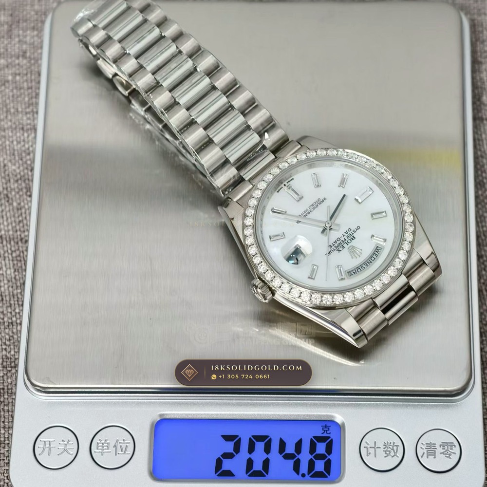 Rolex Day-Date 40 Mother-of-Pearl Dial & Diamond Bezel 18K White Gold Reference 228349RBR — Hallmarked Edition — Studio Gallery Plate VII in 18K White Gold Au750 (210.8g Verified Mass, Rolex Manufacture Cal. 3255 - 70h Power Reserve)