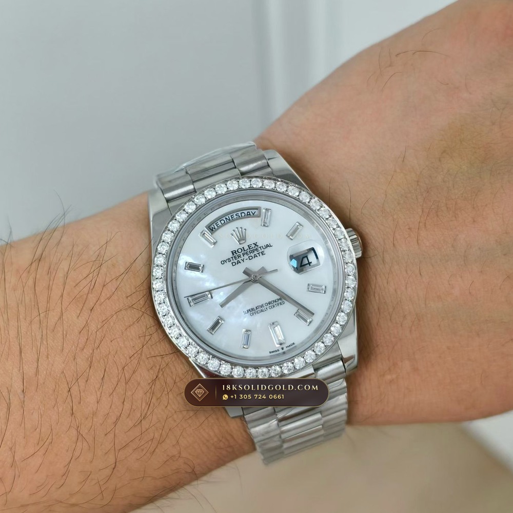 Rolex Day-Date 40 Mother-of-Pearl Dial & Diamond Bezel 18K White Gold Reference 228349RBR — Hallmarked Edition — Studio Gallery Plate VIII in 18K White Gold Au750 (210.8g Verified Mass, Rolex Manufacture Cal. 3255 - 70h Power Reserve)