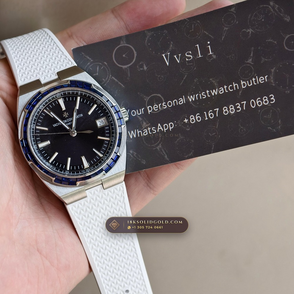Vacheron Constantin Overseas Self-Winding 41mm Baguette Sapphire Bezel 18K White Gold Reference 4500V/110G-B705 — Hallmarked Edition — Studio Gallery Plate X in 18K White Gold Au750 (188.3g Verified Mass, Vacheron Constantin Cal. 5100 - 22K Gold Maltese Rotor)