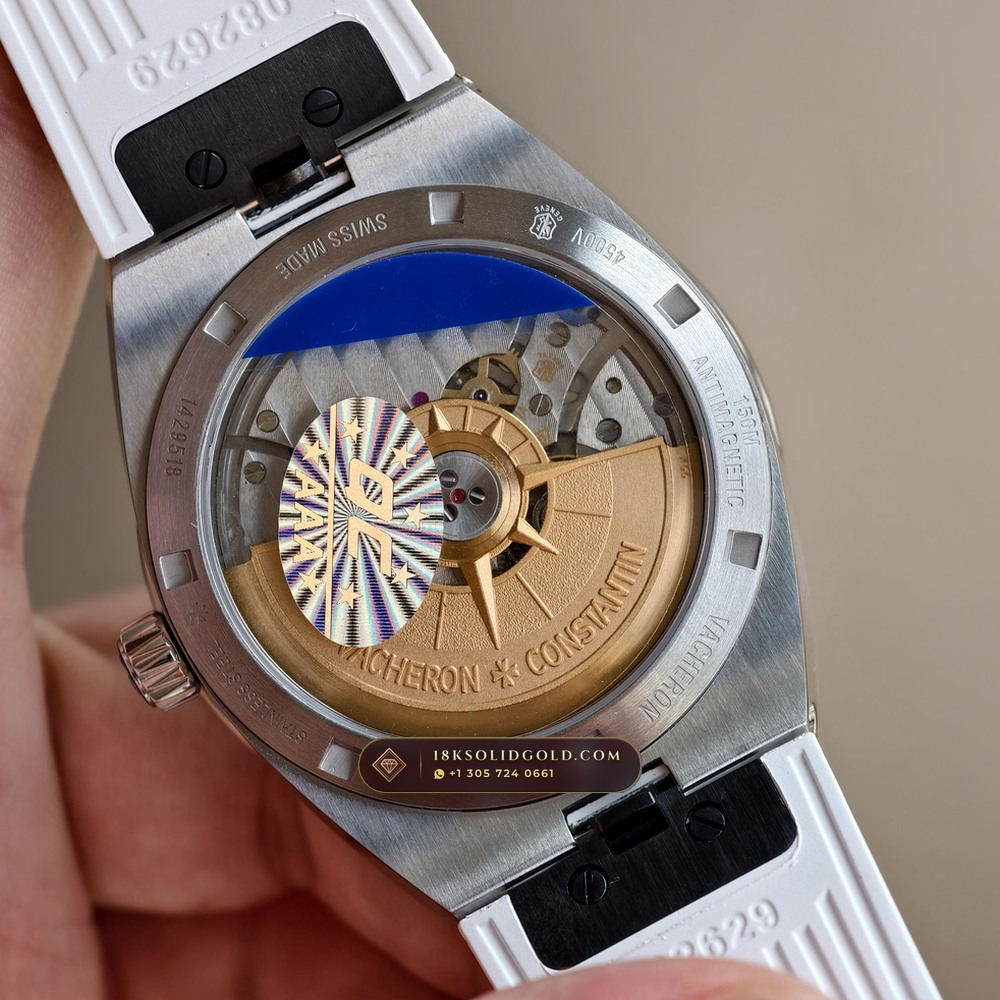 Vacheron Constantin Overseas Self-Winding 41mm Baguette Sapphire Bezel 18K White Gold Reference 4500V/110G-B705 — Hallmarked Edition — Studio Gallery Plate VIII in 18K White Gold Au750 (188.3g Verified Mass, Vacheron Constantin Cal. 5100 - 22K Gold Maltese Rotor)