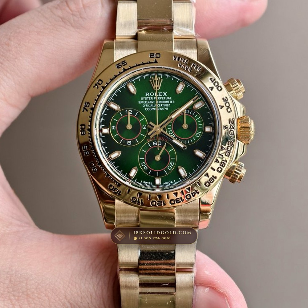 Rolex Cosmograph Daytona John Mayer Emerald Green Dial 18K Yellow Gold Ref. 116508 (Ref. 116508) — Verified Mass 216.5g — Optical Macro Plate 2 (What Does the Swiss St. Bernard Poincon Mean on an 18K Gold Watch?)